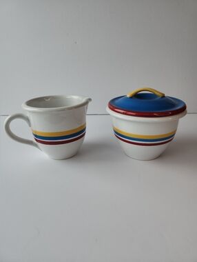 Vintage Corelle Coordinates Stoneware Striped Sugar Bowl And Creamer Pitcher